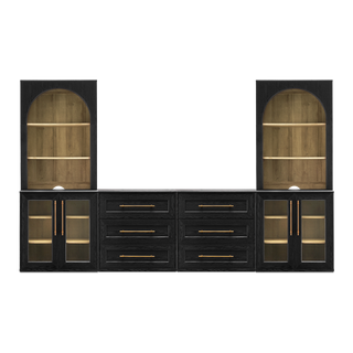 Blake 4 Piece Entertainment Center with Storage, Dresser TV Stand with Arched Bookshelves, Black Oak