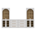 Blake 4 Piece Entertainment Center with Storage, Dresser TV Stand with Arched Bookshelves, White Oak
