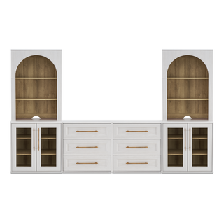 Blake 4 Piece Entertainment Center with Storage, Dresser TV Stand with Arched Bookshelves, White Oak