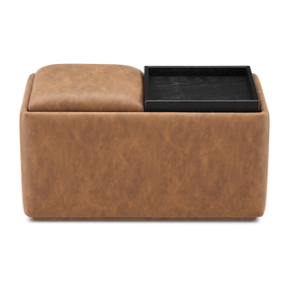 Levi Storage Tray Faux Leather Bench, Pecan Brown