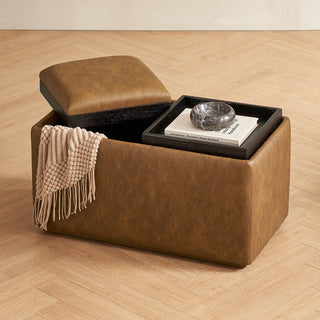 Levi Storage Tray Faux Leather Bench, Pecan Brown