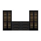 Blake 4 Piece Entertainment Center with Storage, Dresser TV Stand with Tall Display Cabinets, Black Oak