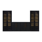Blake 4 Piece Entertainment Center with Storage, TV Stand with Tall Arched Display Cabinets, Black Oak