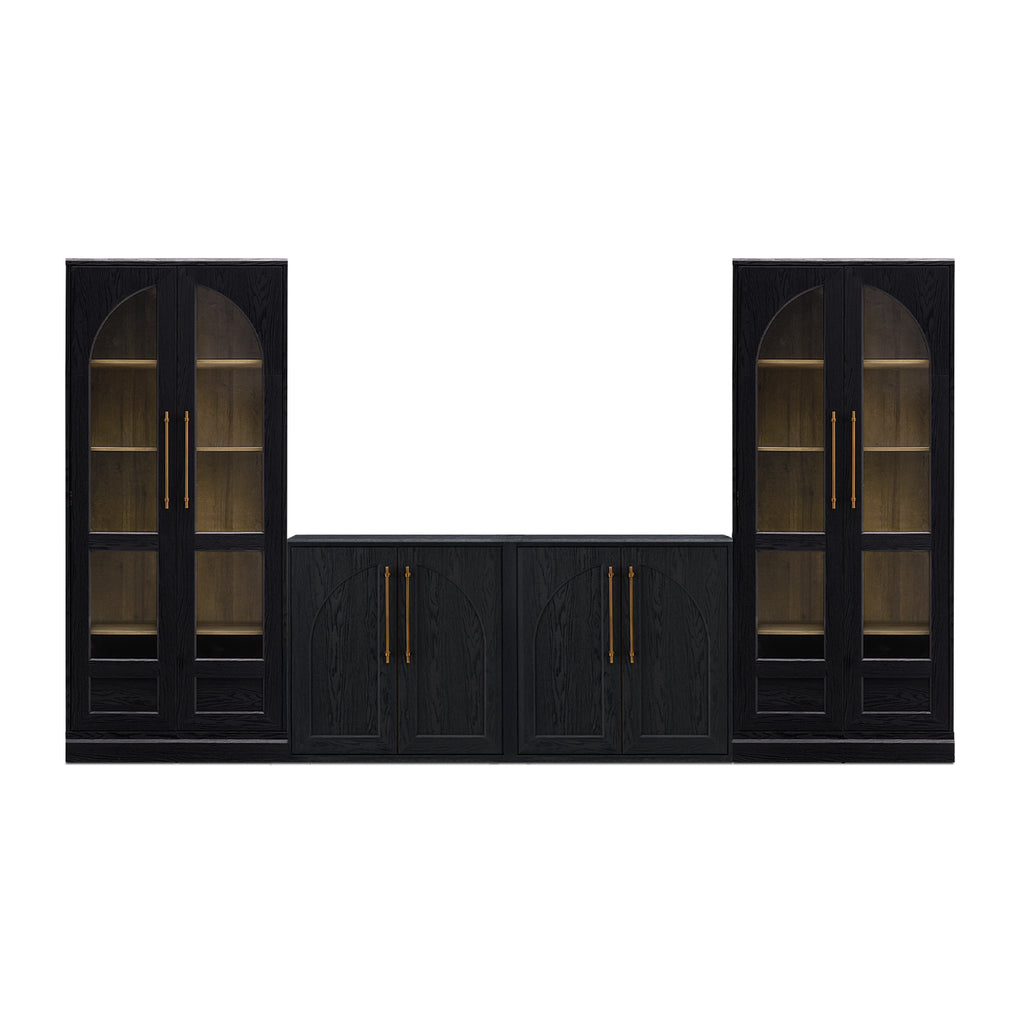 Blake 4 Piece Entertainment Center with Storage, TV Stand with Tall Arched Display Cabinets, Black Oak