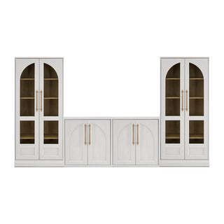 Blake 4 Piece Entertainment Center with Storage, TV Stand with Tall Arched Display Cabinets, White Oak