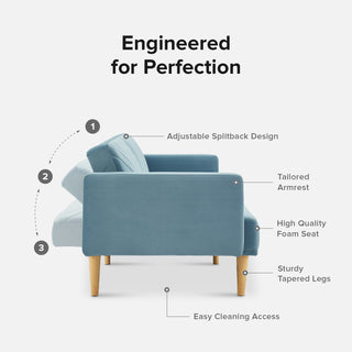 Chloe Futon Sofa Bed, Sky Blue Premium Velvet