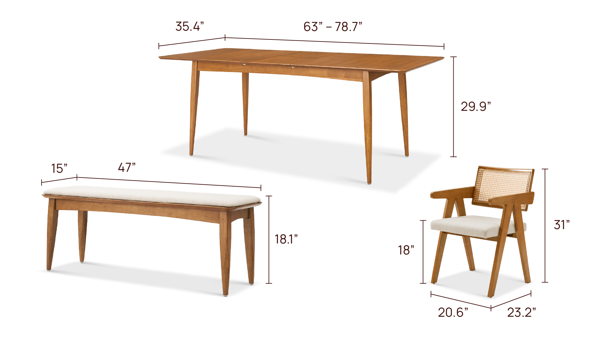 Retrovie 6-Seater Dining Table Set - 4 Weava Armchairs with Bench (78.7”)