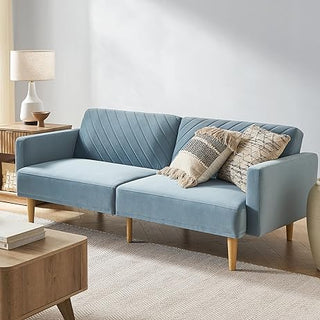 Chloe Futon Sofa Bed, Sky Blue Premium Velvet