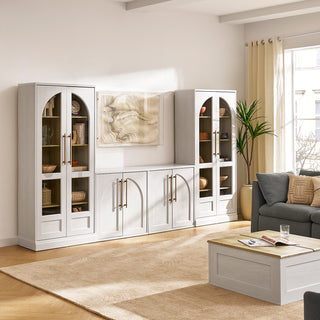 Blake 4 Piece Entertainment Center with Storage, TV Stand with Tall Arched Display Cabinets, White Oak