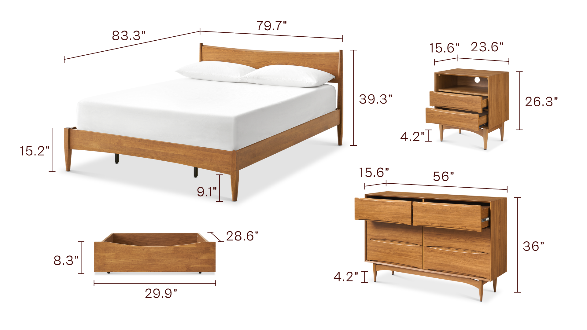 Retrovie King Bed + Drawers + 23” Nightstand + 6 Drawer Dresser