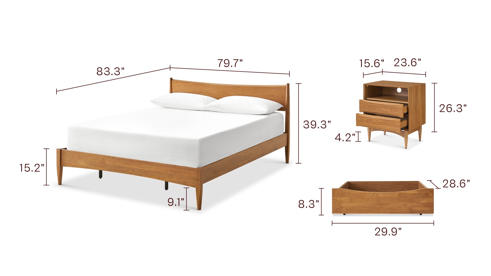 Retrovie King Bed + 2 Drawers + 23” Nightstand