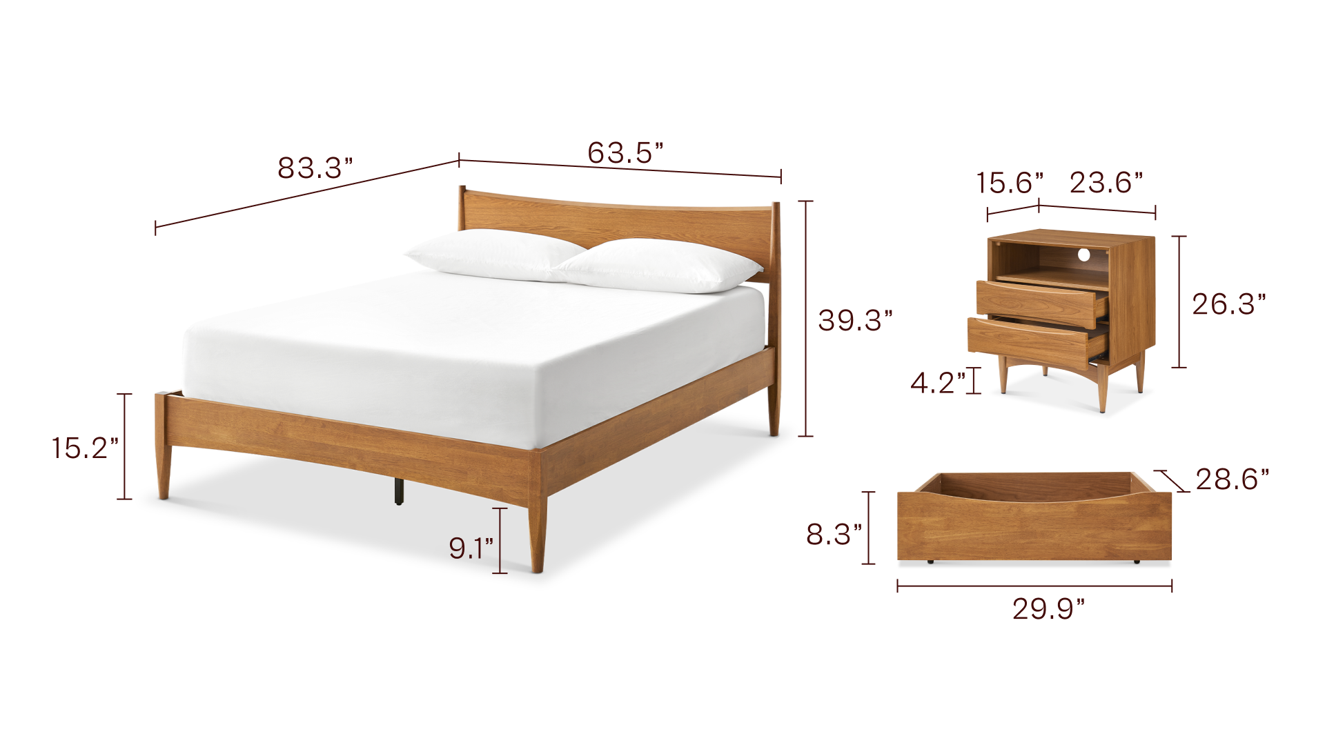 Retrovie Queen Bed + 2 Drawers + 23” Nightstand