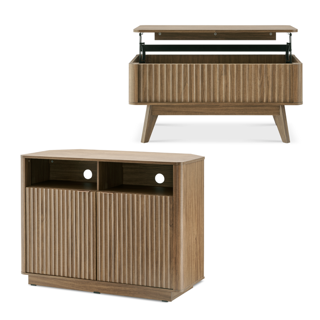 Brooklyn Corner TV Stand + Lift-top Coffee Table, Walnut Set – Mopio