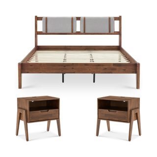 Ted Bed with Removable Upholstered Headboard Cushions (King) & Nightstands with Charging Ports (Pair)