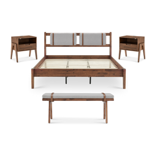 Ted Bed with Removable Upholstered Headboard Cushions (King), Bench & Nightstands with Charging Ports (Pair)