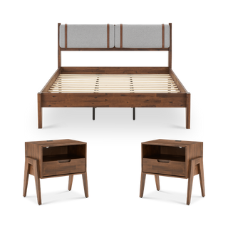 Ted Bed with Removable Upholstered Headboard Cushions (Queen) & Nightstands with Charging Ports (Pair)