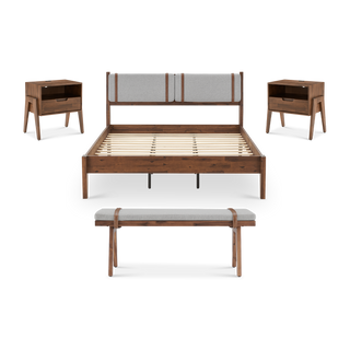 Ted Bed with Removable Upholstered Headboard Cushions (Queen), Bench & Nightstands with Charging Ports (Pair)