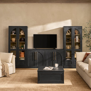 Blake L-Shape Entertainment Center Style 2, Black Oak - lifestyle