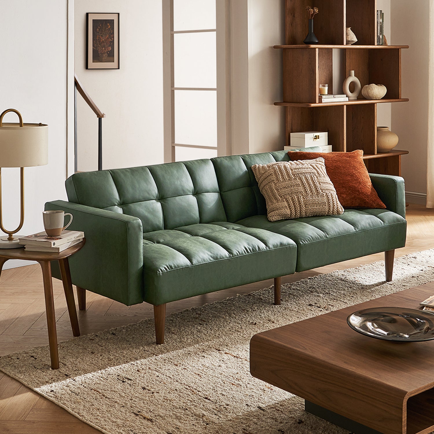 Aaron Futon Sofa Bed, Sage Green Faux Leather
