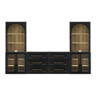 Blake 4 Piece Entertainment Center with Storage, Dresser TV Stand with Arched Bookshelves, Black Oak