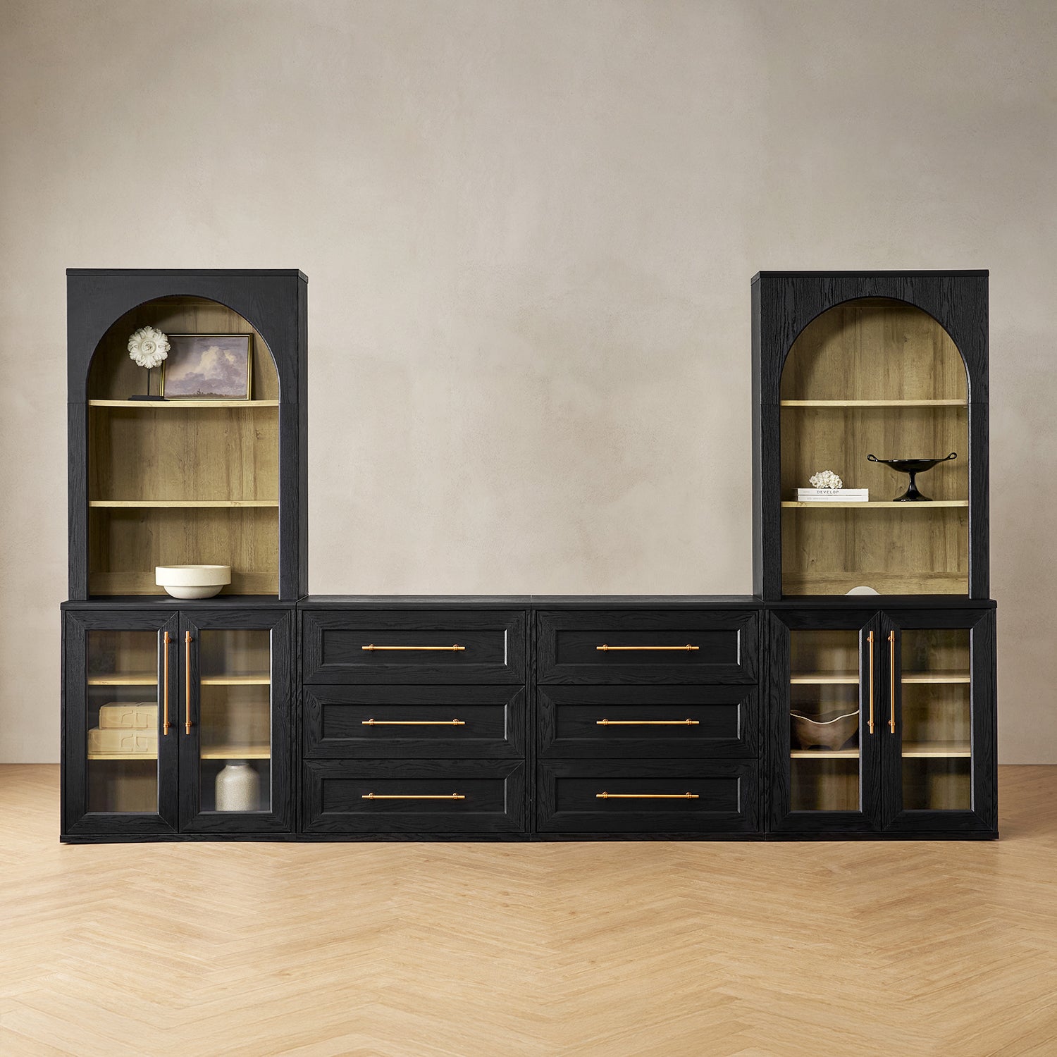 Blake 4 Piece Entertainment Center with Storage, Dresser TV Stand with Arched Bookshelves, Black Oak Blake 4 Piece Entertainment Center with Storage, Dresser TV Stand with Arched Bookshelves, Black Oak