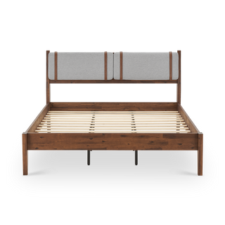 Ted Bed (Queen), Solid Acacia Wood Platform Bed with Removable Upholstered Headboard Cushions