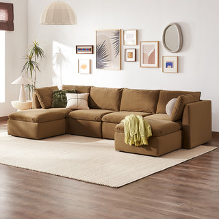 Macy 6 Seats Modular Sectional Sofa with Fully Removable Covers, Large Storage (Hazelnut Brown Velvet) [2nd Gen]
