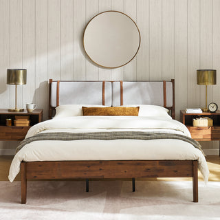 Ted Bed (Queen), Solid Acacia Wood Platform Bed with Removable Upholstered Headboard Cushions