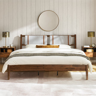 Ted Bed (King), Solid Acacia Wood Platform Bed with Removable Upholstered Headboard Cushions