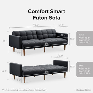 Aaron Futon Sofa Bed, Midnight Black Faux Leather