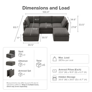 Macy 5 Seats Modular Sectional Sofa with Fully Removable Covers, Large Storage (Stone Gray) [2nd Gen]