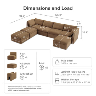 Macy 7 Seats Modular Sectional Sofa with Fully Removable Covers, Large Storage (Hazelnut Brown Velvet)