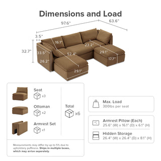 Macy 5 Seats Modular Sectional Sofa with Fully Removable Covers, Large Storage (Hazelnut Brown Velvet)