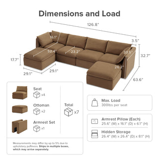 Macy 6 Seats Modular Sectional Sofa with Fully Removable Covers, Large Storage (Hazelnut Brown Velvet)