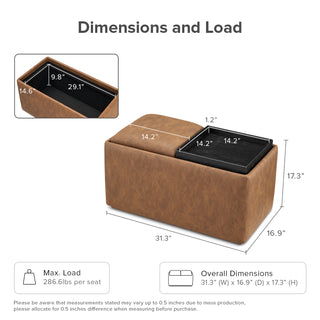Levi Storage Tray Faux Leather Bench, Pecan Brown