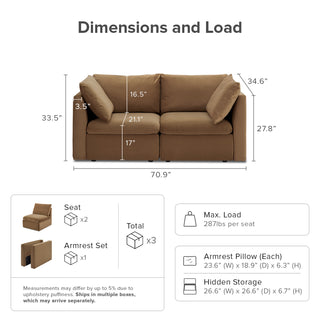 Macy Loveseat Modular Sectional Sofa with Fully Removable Covers, Large Storage (Hazelnut Brown Velvet) [2nd Gen]