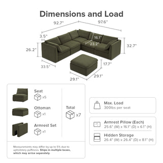 Macy 6 Seats Modular Sectional Sofa with Fully Removable Covers, Large Storage (Olive Green Velvet)