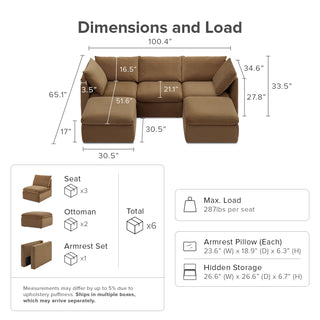 Macy 5 Seats Modular Sectional Sofa with Fully Removable Covers, Large Storage (Hazelnut Brown Velvet) [2nd Gen]