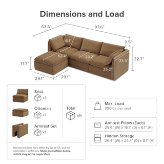 Macy 4 Seats Modular Sectional Sofa with Fully Removable Covers, Large Storage (Hazelnut Brown Velvet)