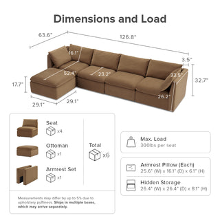 Macy 5 Seats Modular Sectional Sofa with Fully Removable Covers, Large Storage (Hazelnut Brown Velvet)