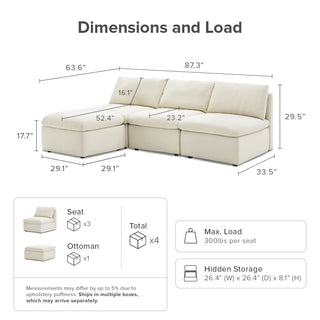 Macy 4 Seats Armless Sofa, Oat