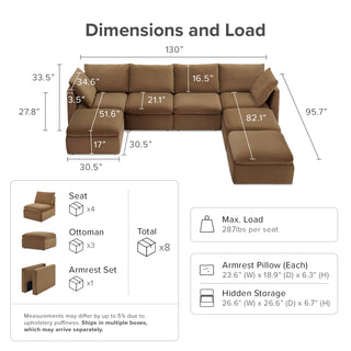 Macy 7 Seats Modular Sectional Sofa with Fully Removable Covers, Large Storage (Hazelnut Brown Velvet) [2nd Gen]