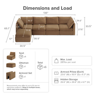 Macy 5 Seats Modular Sectional Sofa with Fully Removable Covers, Large Storage (Hazelnut Brown Velvet) [2nd Gen]
