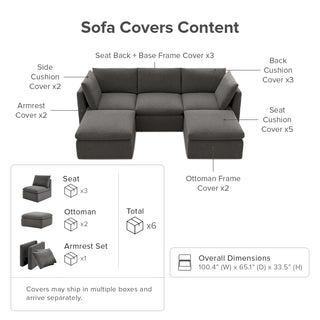 Macy Washable Slipcover for 5 Seats Modular Sectional Sofa with Storage, Stone Gray
