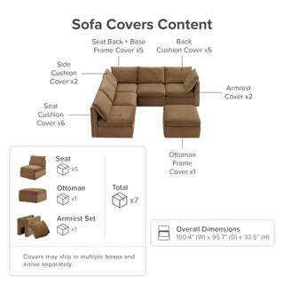 Macy Washable Slipcover for 6 Seats Modular Sectional Sofa with Storage, Hazelnut Brown Velvet