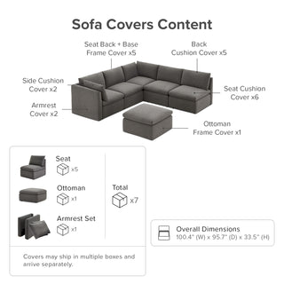 Macy Washable Slipcover for 6 Seats Modular Sectional Sofa with Storage, Stone Gray