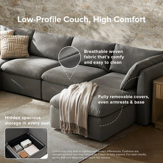 Macy 5 Seats Modular Sectional Sofa with Fully Removable Covers, Large Storage (Stone Gray)