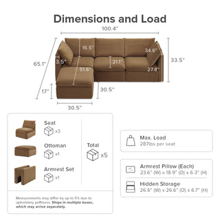 Macy 4 Seats Modular Sectional Sofa with Fully Removable Covers, Large Storage (Hazelnut Brown Velvet) [2nd Gen - Old Ottoman Version]