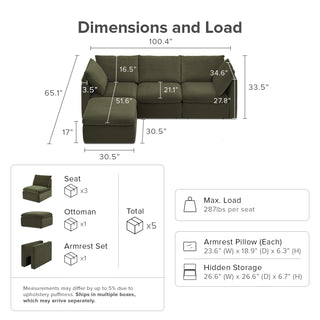 Macy 4 Seats Modular Sectional Sofa with Fully Removable Covers, Large Storage (Olive Green Velvet) [2nd gen]