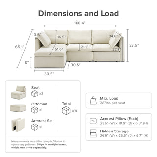 Macy 4 Seats Modular Sectional Sofa with Fully Removable Covers, Large Storage (Oat)